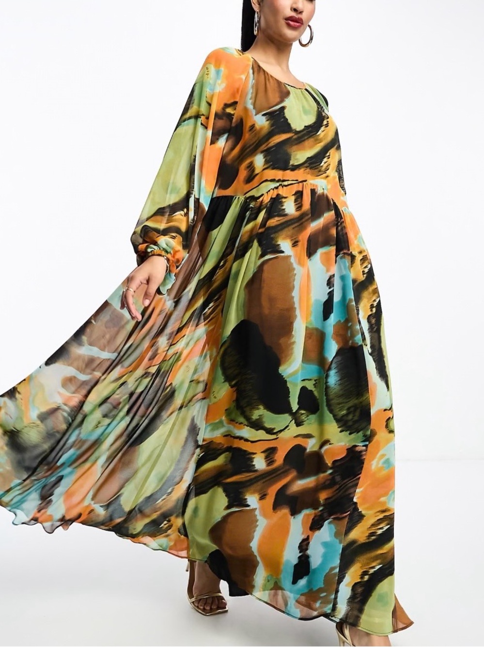 ASOS Multicolor Abstract Maxi Dress in Green, Orange & Blue - Picture 3 of 4